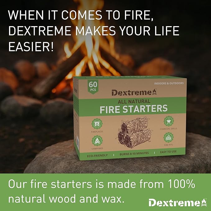 Dextreme Fire Starter (60 PCS) Natural Fire Starters for Campfire, Charcoal Starter, Fireplace, Wood Stove, BBQ, Chimney, Fire Pit, and Grill | All Weather, Odorless, Non-Toxic, w/10 Min Burning Time