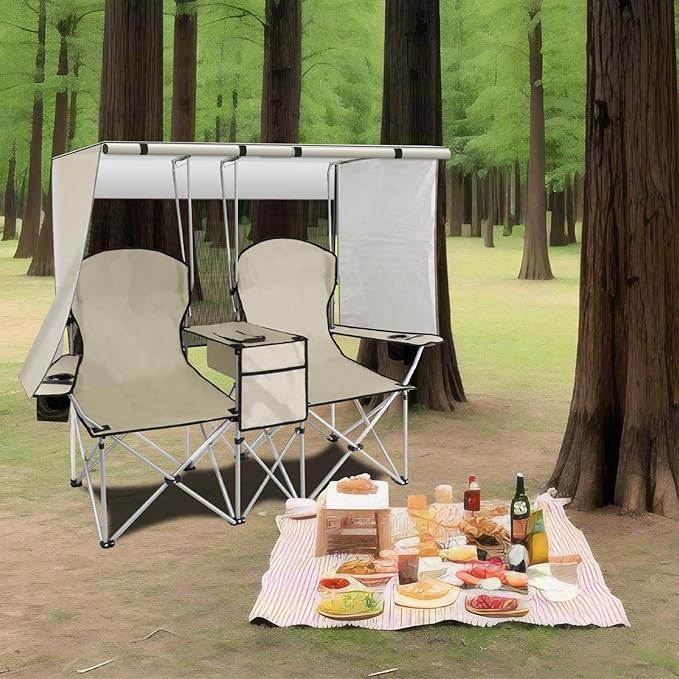 BDL Double Camping Chair with Canopy, Two Person Folding Loveseat with Shade, Heavy Duty Beach Chair with Cooler Bag, Cup Holder for Outside, Fishing, Sports, Beach-White