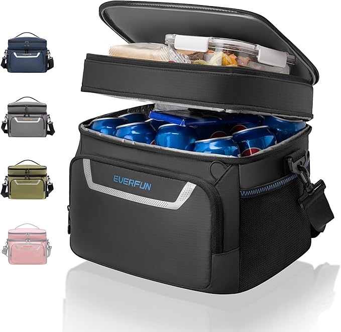 EVERFUN Small Cooler Lunch Box Mini Leak-Proof Soft Double Deck 24 Can Personal Insulated Collapsible Portable Waterproof Lunch Bag Ice Chest for Men Women Work Travel Car Picnic Beach