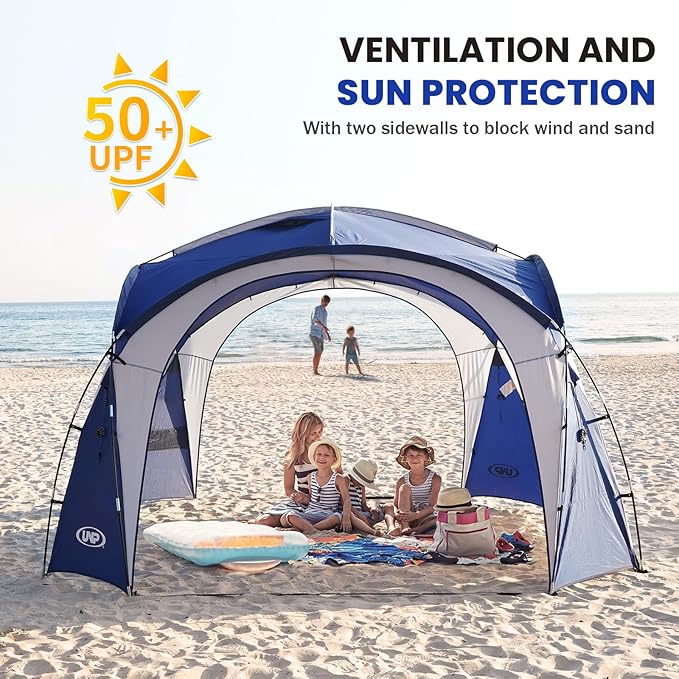 UNP Easy Beach Tent Pop Up Canopy UPF50+ Tent with Side Wall, Ground Pegs, and Stability Poles, Sun Shelter Rainproof, Waterproof for Camping Trips, Backyard Fun, Party Or Picnics