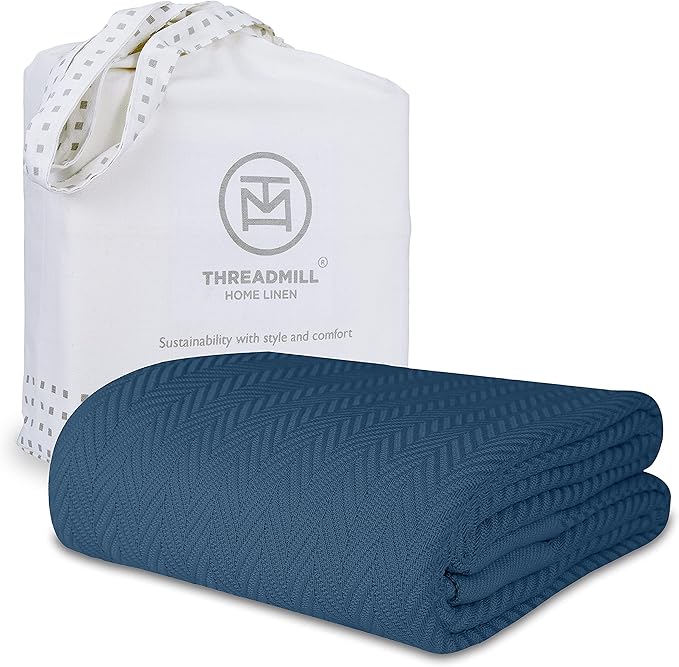 Threadmill Luxury Cotton Blankets for Twin Size Bed | All-Season 100% Cotton Twin Blanket for Bed | Herringbone Soft & Cozy Fall Thermal Blanket, 350GSM, 68x92 inches | Folkstone Blue
