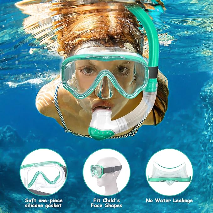 Vvinca Snorkeling Gear for Kids Dry Top Kids Snorkel Set for Boys Girls Junior Youth Children Age 4-14 Swim Goggles with Nose Cover Anti-Fog Panoramic View Adjustable Elastic Diving Mask and Snorkel
