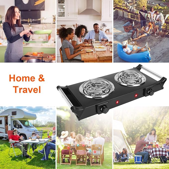 Hot Plate, 2000W Portable Electric Stove for Cooking with Stay Cool Handles & 5 Levels Adjustable Temperature, Countertop Double Coil Burner for Home RV Camp Compatible for All Cookwares,Black