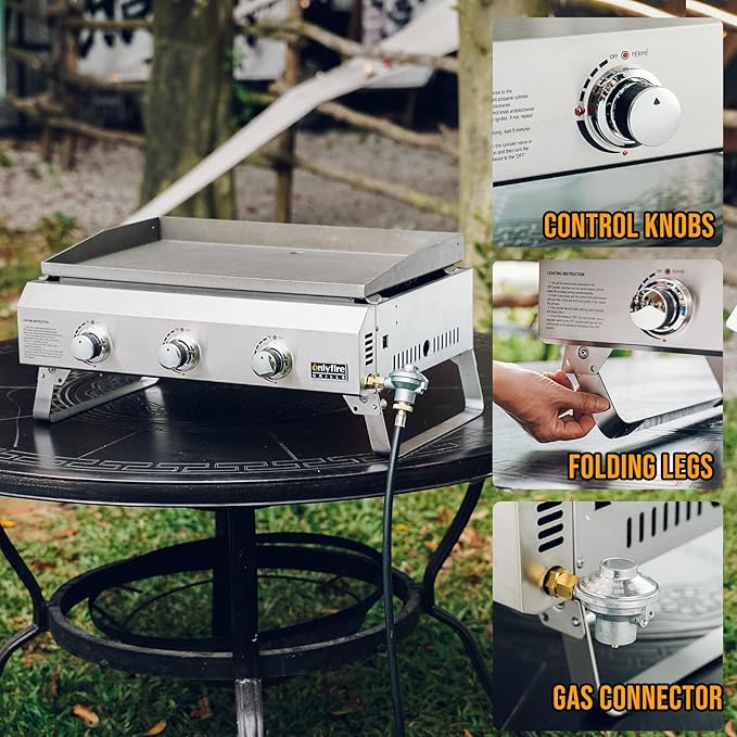 Tabletop Gas Griddle No Lid & Foldable Legs, 3-Burner BBQ Propane Flat Top Griddle, Portable Grill Stove for Outdoor Cooking Patio Party Camping Tailgating RV, Stainless Steel, GS311