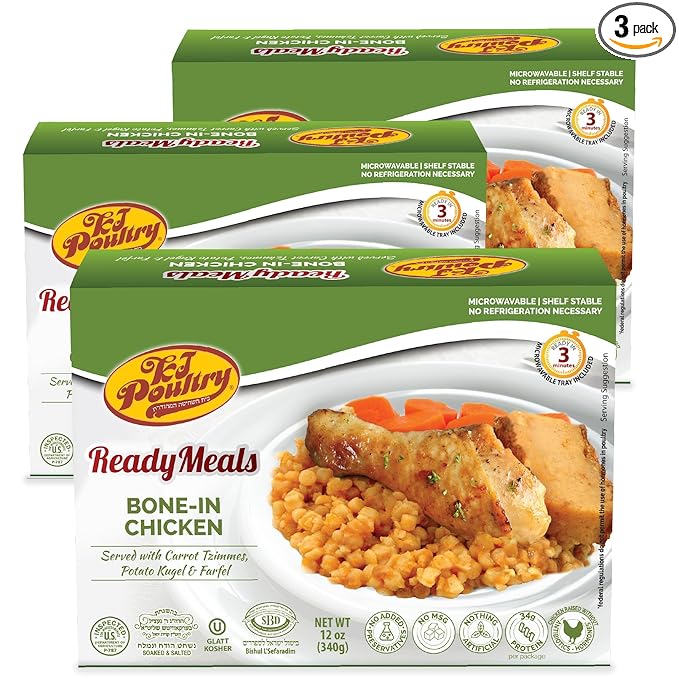 KJ Poultry Kosher Ready Meals - Bone In Chicken & Kugel, MRE Meat Meals Ready to Eat, Shabbos Food, Halal, (3 Pack) Prepared Entree Fully Cooked, Shelf Stable Microwave Dinner Travel Military Camping