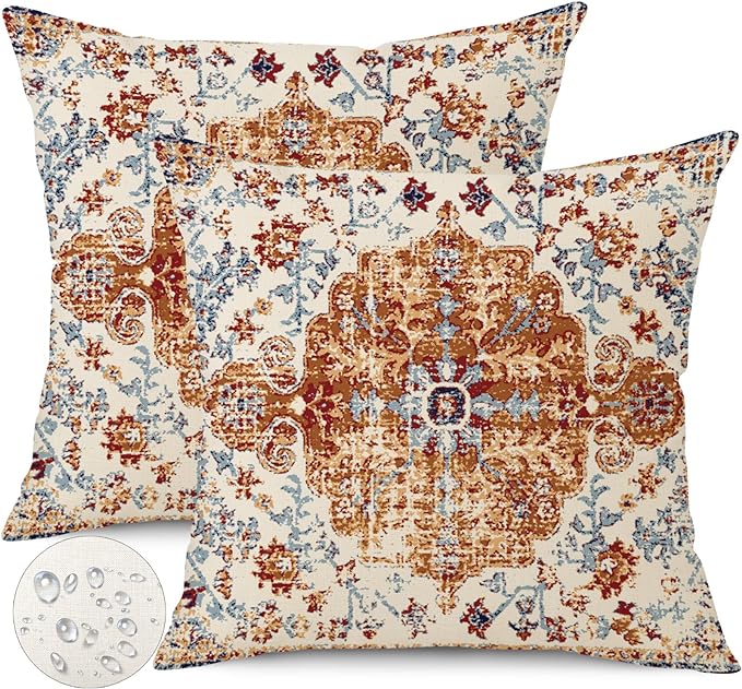 Outdoor Waterproof Pillow Set of 2 - 18X18 Inch Bohemian Vintage Carpet Pattern Pillow Covers in Brown and Blue Ethnic Design for Decorative Farmhouse Couch, Garden, Balcony