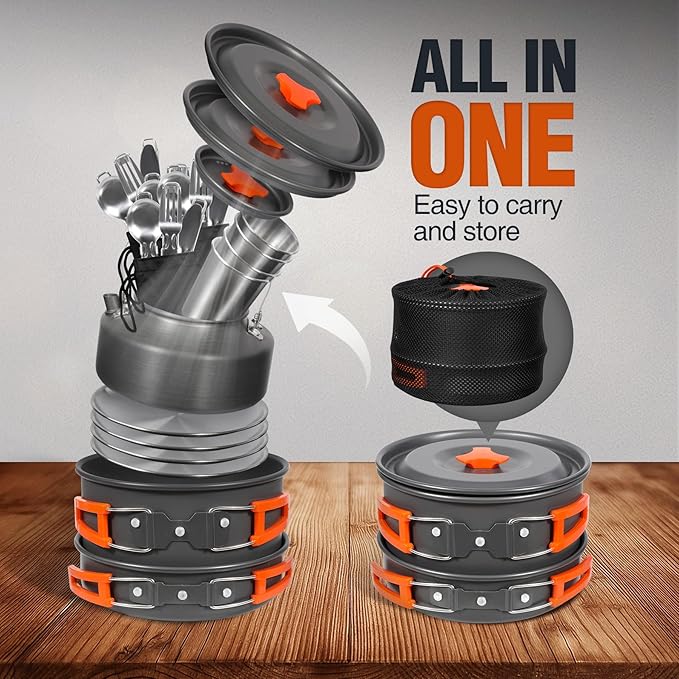 REDCAMP 6/10/11/12/14/15/19 PCS Camping Cookware Mess Kit Camping Gear Campfire Utensils Lightweight Stackable Pot Pan Bowls Soup Spoon with Storage Bag for Camping, Backpacking, Outdoor Cooking