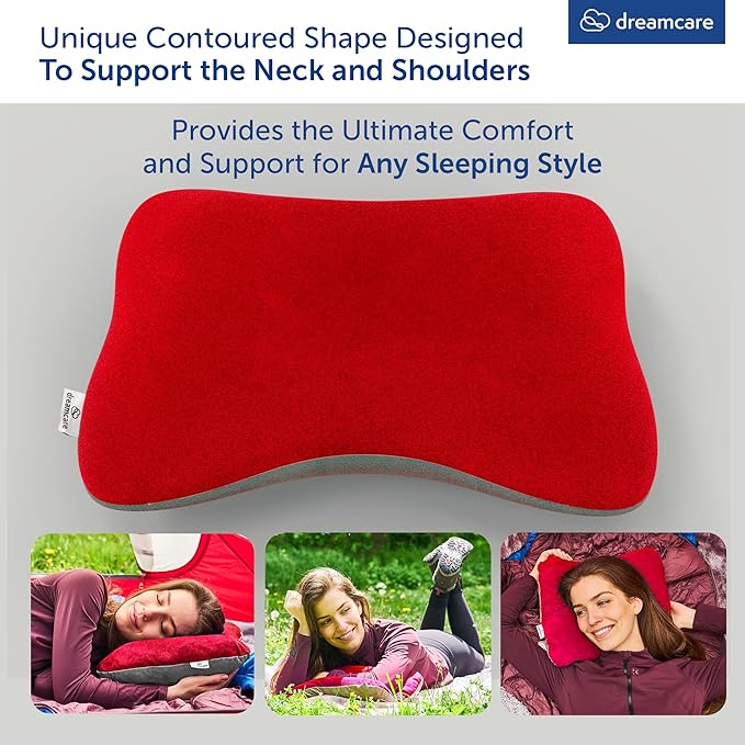 DREAMCARE Camping Pillow, Memory Foam Travel Pillow, Camping Accessories - Small Pillow Camping Essentials Camping Pillows for Sleeping, Backpacking Pillow, Travel Pillows for Sleeping (Small,Red)