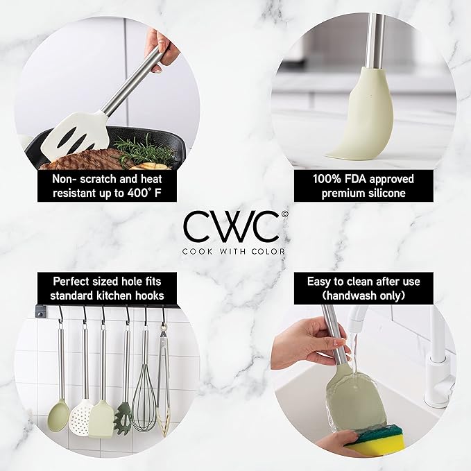 COOK WITH COLOR Silicone Cooking Utensils, Kitchen Utensil Set, Easy to Clean Silicone Kitchen Utensils, Cooking Utensils for Nonstick Cookware, Kitchen Gadgets Set, 10 Pieces, Green