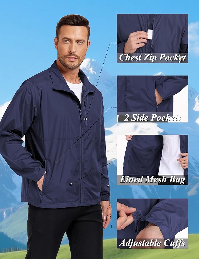 Mens Windbreaker Jackets Lightweight Packable Windproof for Casual Hiking Outdoor