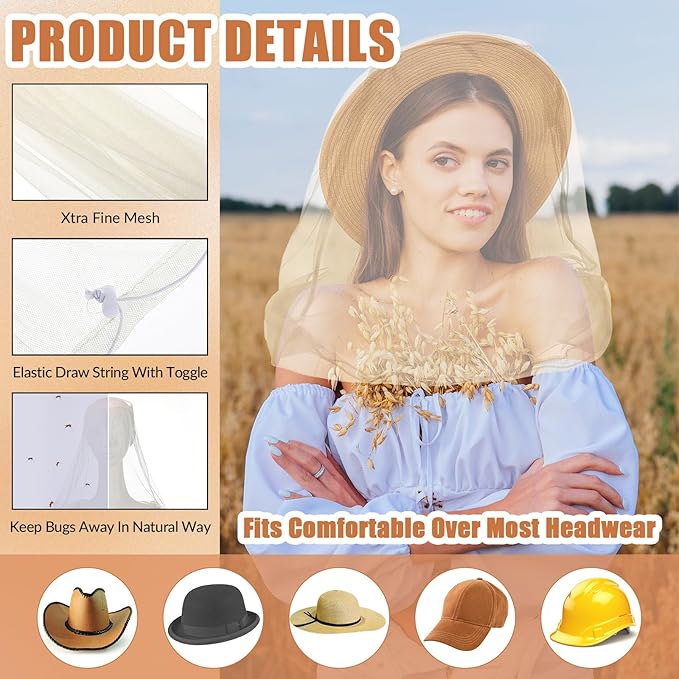 HESTYA 4 Pack Mosquito Bug Net Mesh for Head Mosquito Head Net Face Neck Fly Netting Hood from Insect Bugs Gnats for Outdoor