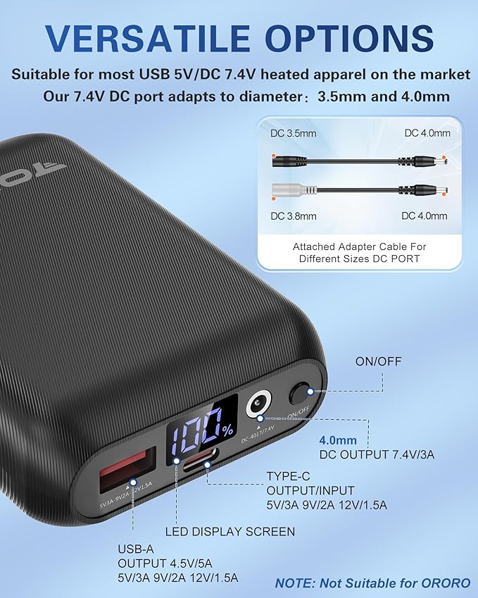 𝟕.𝟒𝐕 𝟏𝟔𝟎𝟎𝟎𝐦𝐀𝐡 Heated Vest Battery Pack Compatible with ORORO and Venustas, NORSENN, Portable Power Bank with LED Display for 𝟓𝐕 USB heated Vests Jacket Camping Chair Blanket(NOT for 12V）