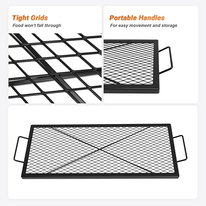 Onlyfire X-Marks Fire Pit Cooking Grate, Portable Rectangle Campfire Grill Grate with Handles, Heavy Duty Steel Campfire BBQ Grill for Outdoor, 36-Inch