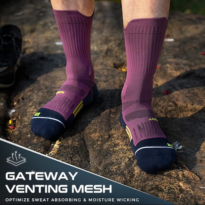 Compression Running Socks 3 Pairs, Cushion Crew Socks, Anti-Blister Moisture Wicking Athletic Hiking Basketball Socks