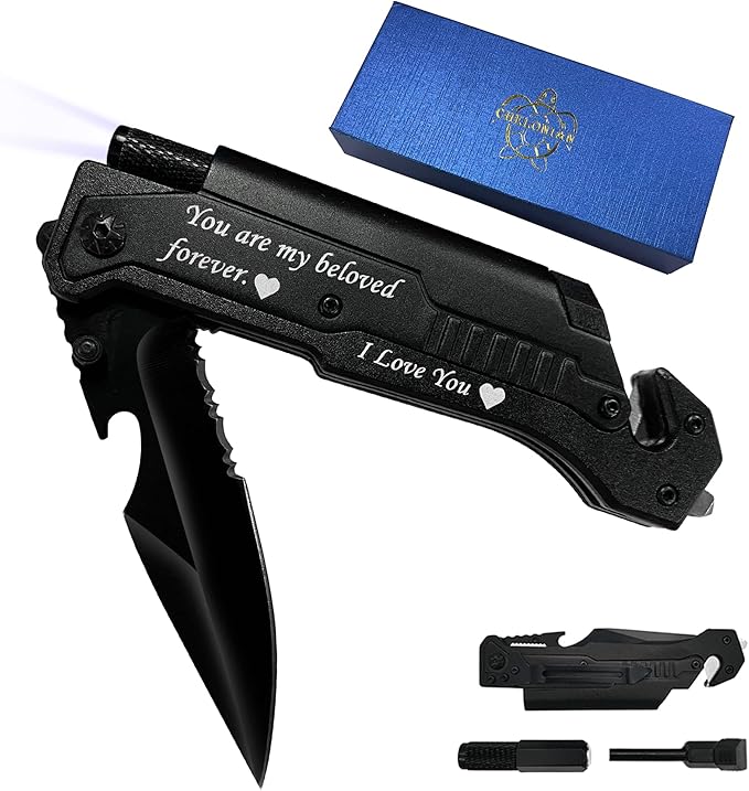 6-in-1 Tactical Folding Knife – EDC Pocket Knife with Fire Starter, LED Light & Glass Breaker – Gift for Boyfriend,Husband on Birthdays