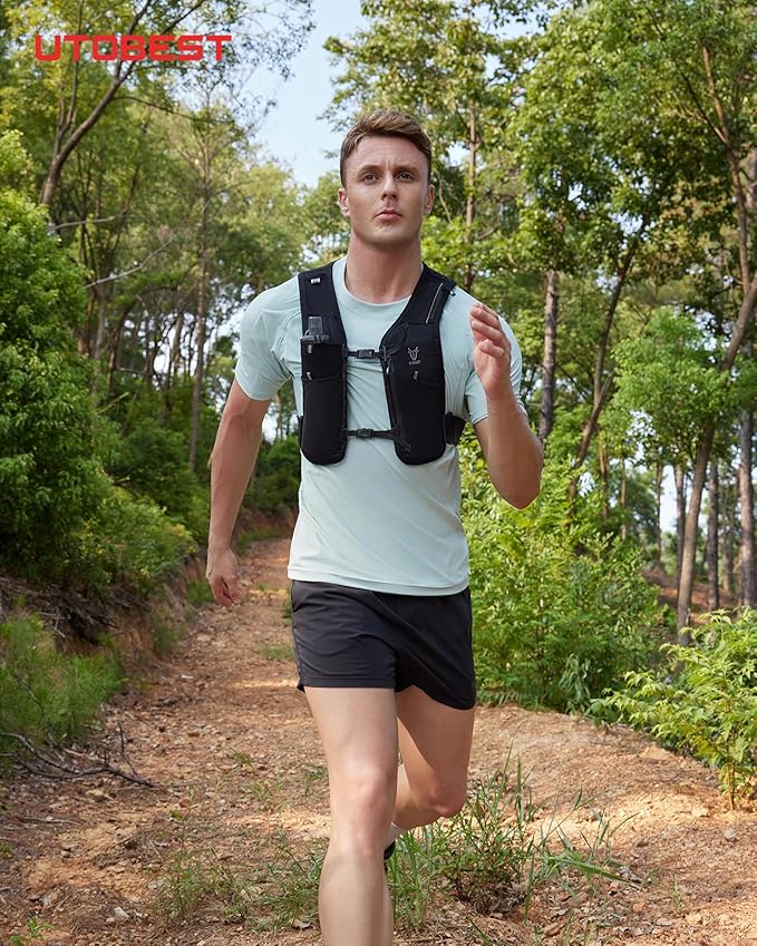 UTOBEST Running Vest for Women Men with 500ml/17oz Soft Water Bottle and LED Safety Light, 5L Phone Holder with Adjustable Belt & Ample Storage