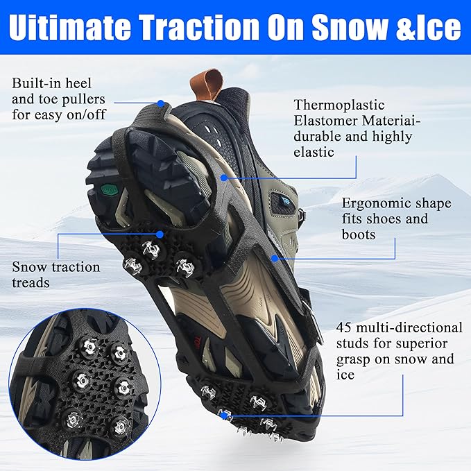 Ice Cleats Snow Traction for Shoes and Boots Ice Snow Crampons Ice Gripper for Walking on Snow and Ice 9-Studs Non Slip Ice Cleats Rubber Overshoe Slip-on Stretch Footwear Winter Hiking Climbing