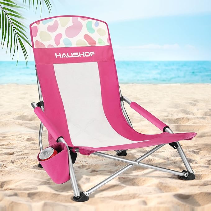 HAUSHOF High Back Beach Chair, Mesh Back Folding Chair, Lightweight Low Seat Camping Chairs with Cup Holder, Carry Bag, Padded Armrest for Outdoor Beach Lawn Camping Picnic Festival