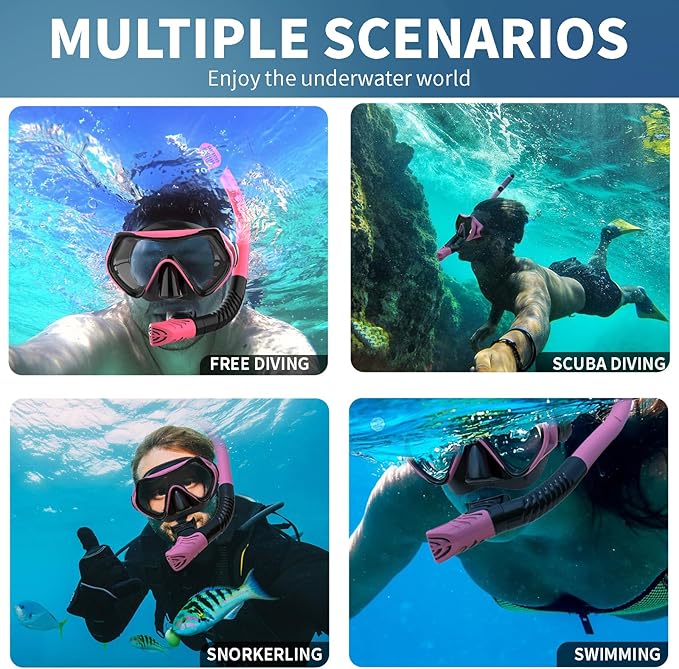 Snorkeling Gear for Adults, JRing Snorkel Mask Set with 180 Degree Tempered Glass Anti Fog Goggles Scuba Dry Top Snorkel for Swimming, Scuba Diving Mask for Men Women