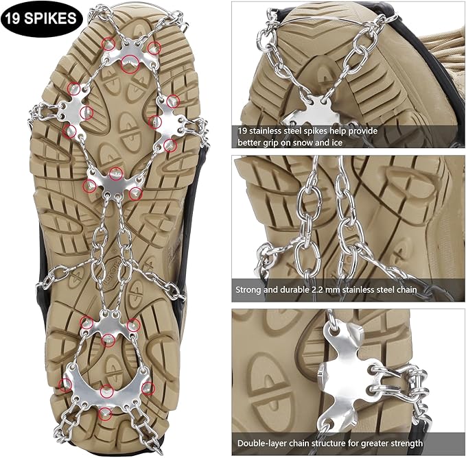 Crampons Upgraded 19 Spikes Ice Snow Grips Traction Cleats System Safe Protect for Walking, Jogging, or Hiking on Snow and Ice