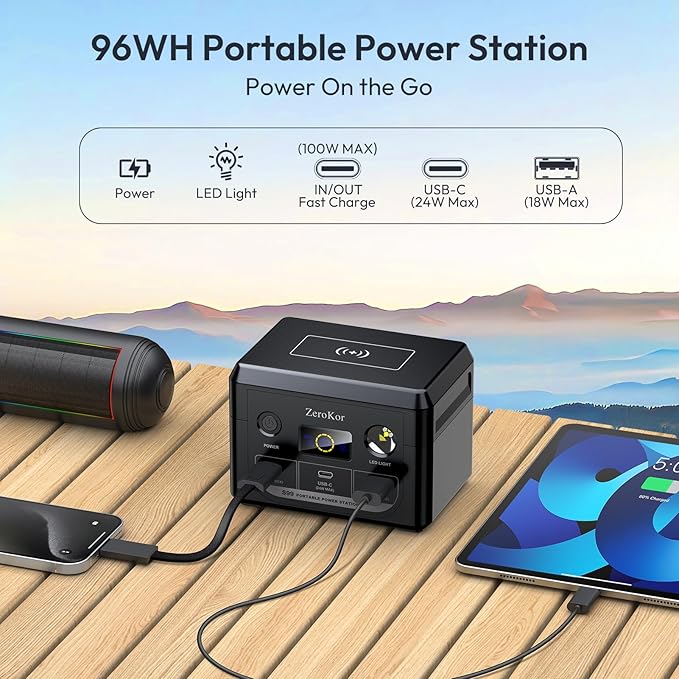 100W Portable Power Station, 96Wh Small Generator 30000mAh LiFePO4 Battery with USB C Fast Charging for Laptop, Outdoor Camping Portable Power Bank for RV Home Office Emergency Power Supply