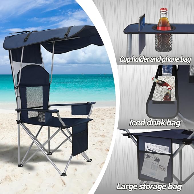 PLKO Camping Chairs with Canopy, Portable Quad Lawn Chair for Adults, Folding Recliner Chair with Cup Holder Outdoor Events and Shade- Support 330 LBS