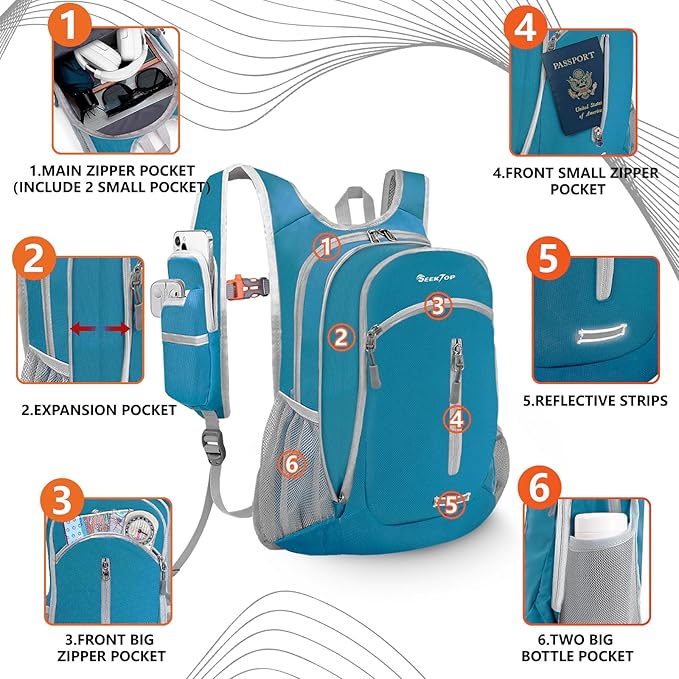 Seektop Small Hiking Backpack 12L to 15L Expandable Travel Packable Waterproof Daypack Lightweight Hiking Bag for Women Men