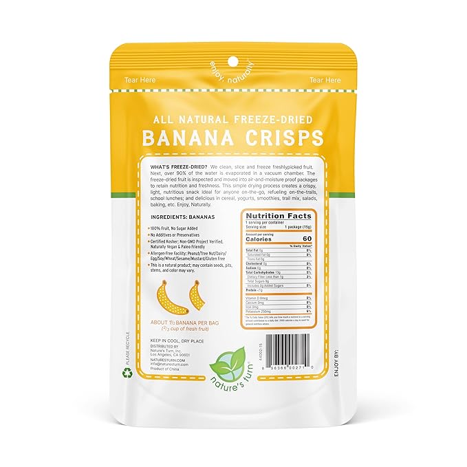 Nature’s Turn Freeze-Dried Banana Crisps – Healthy, Gluten-Free, Crispy & Delicious, Plant-Based Snack, Ideal for Cereal, Smoothies, School Lunches, & On-the-Go, Pack of 12 (0.53 oz Each)