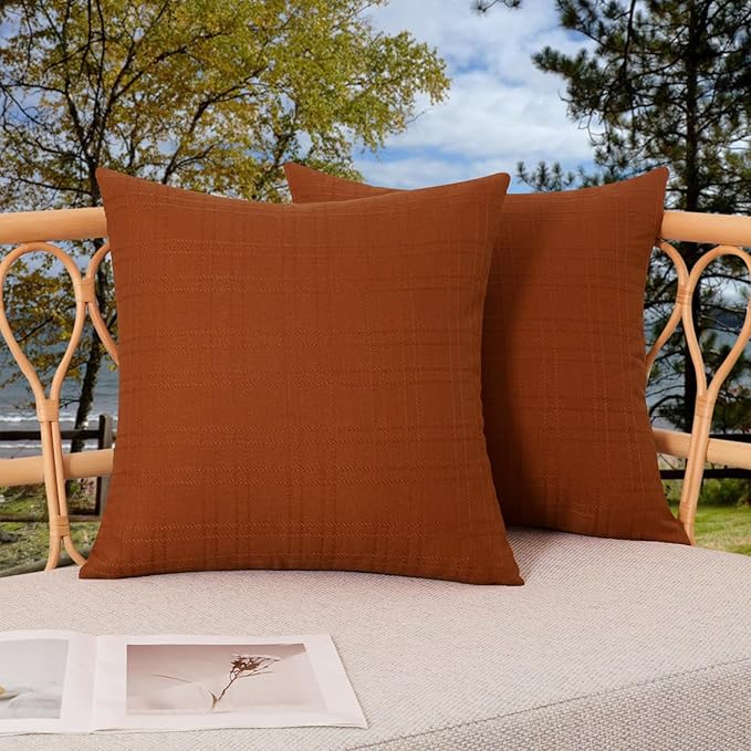 Kevin Textile Pack of 2 Outdoor Waterproof Pillow Covers Checkered Decorative Cushions Sham Throw Pillowcases Shell for Patio Tent Garden Couch Bed Sofa 20x20 Inch Burnt Orange