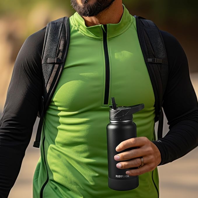 24oz Insulated Water Bottle with Straw, Stainless Steel Metal Vacuum Water Flask, Large Thermal Water bottle with Leakproof 3 Lids for Travel, Camping, Gym Sports Armygreen