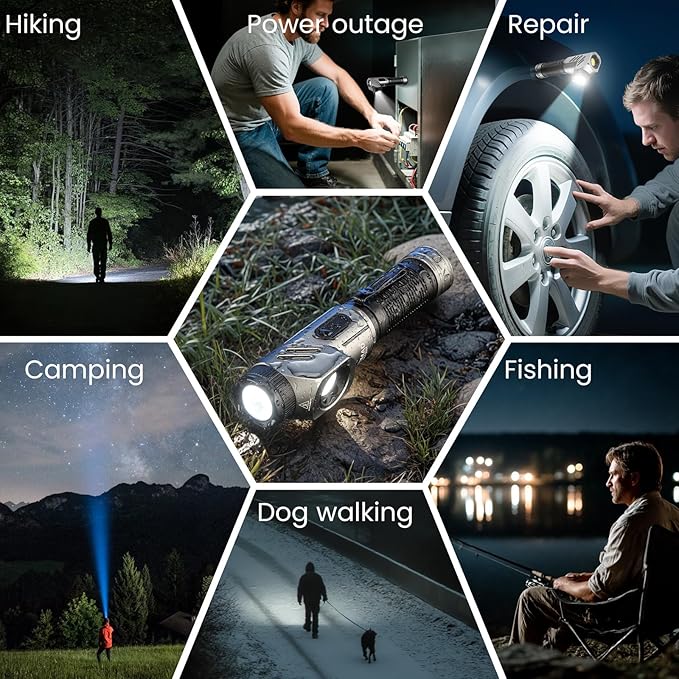 Yemao Rechargeable Tactical Flashlights 1600 High Lumens 2 Light Sources,6 Modes,90 Degree Rotating,Waterproof Working Light with Magnetic Base for Home Emergency,Outdoor,Camping,Shop