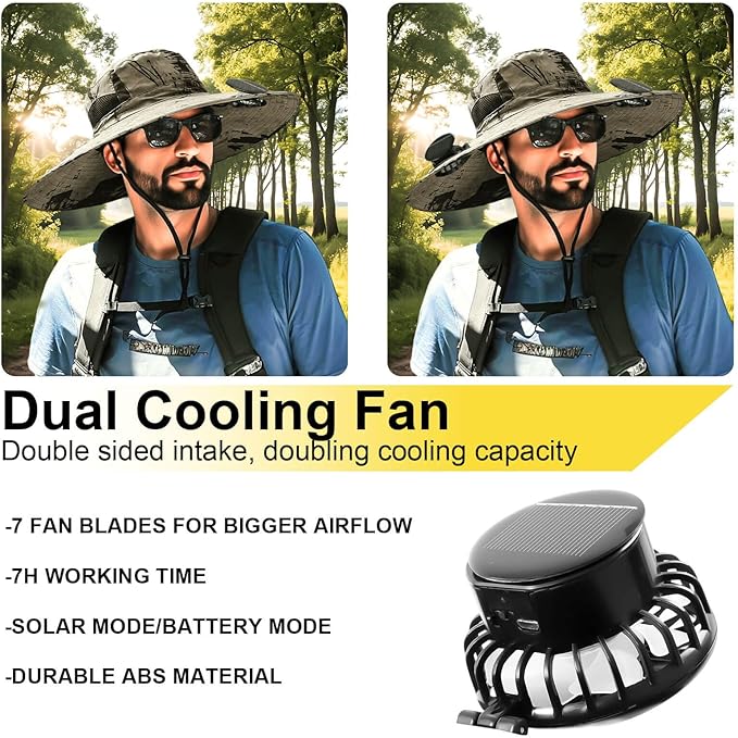 Outdoor Wide Brim Sun Hat with 2 Solar Fan for Men Women UPF50+ Outdoor Hiking Sun Protection Bucket Fishing&Cycling Hat