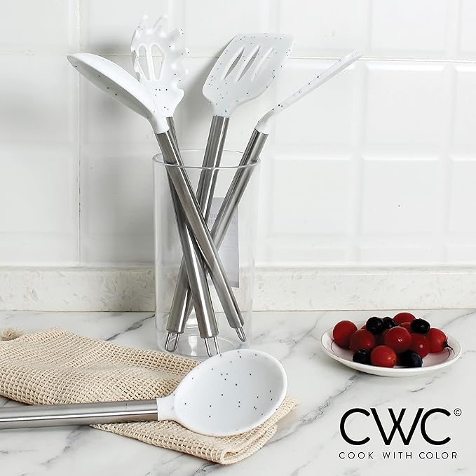 COOK WITH COLOR Silicone Cooking Utensils, Kitchen Utensil Set, Easy to Clean Silicone Kitchen Utensils, Cooking Utensils for Nonstick Cookware, Kitchen Gadgets Set, 5 Pieces, Speckled White