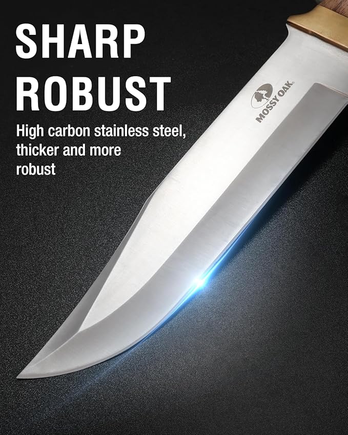 Mossy Oak 14-inch Bowie Knife, Full-tang Fixed Blade, Wood Handle Hunting Knife with Leather Sheath for Camping, Hiking, Survival