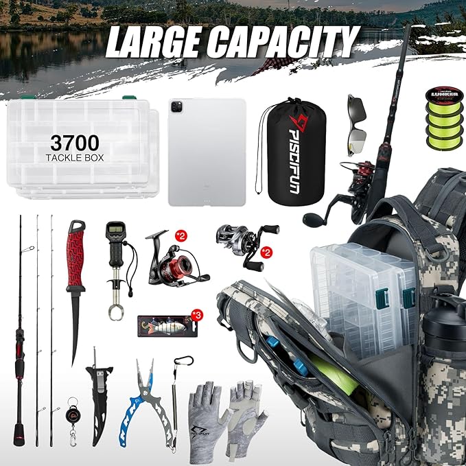 Piscifun Fishing Backpack with Rod Holder, Lightweight Sling Bag Storge Gear and Equipment