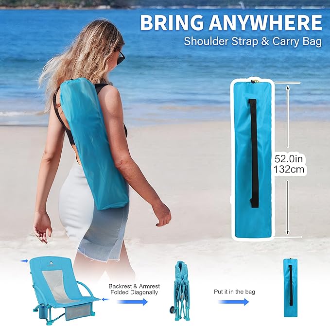 Low Beach Chairs 2 Pack,Folding Compact Low Seat Chairs for Adults w/Mesh Back& Storage Bag,Heavy Duty Chair for Outdoor Sand,Travel,Camping,Picnic,Blue