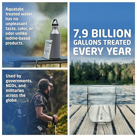 Aquatabs 49mg Water Purification Tablets (50 Pack). Water Filtration System for Hiking, Backpacking, Camping, Emergencies, Survival, and Home-Use. Easy to Use Treatment and Disinfection.