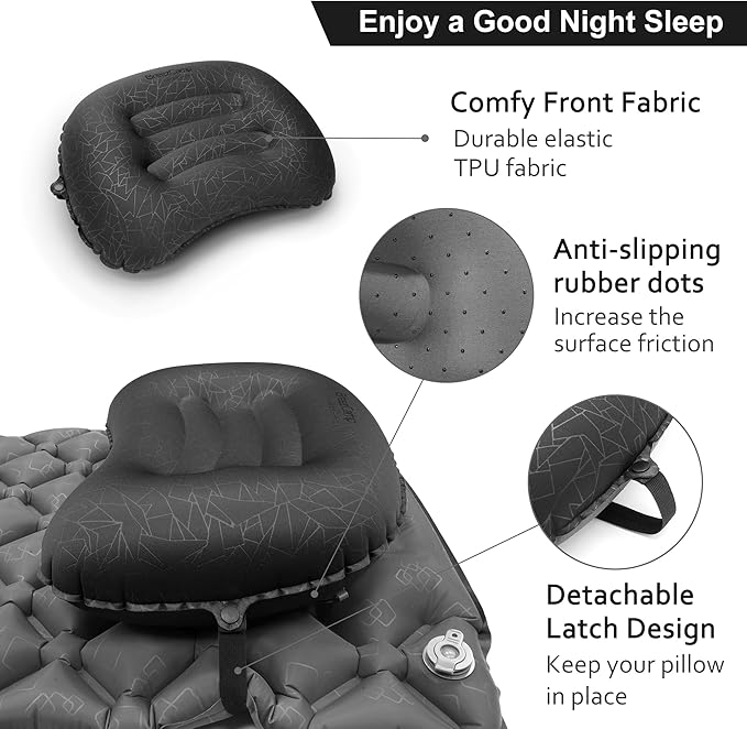Inflatable Camping Pillow, Travel Blow Up Air Pillow, Neck Lumbar Support Ultralight Compact Pillow for Outdoor Hiking Backpacking Car Beach Airplane Sleeping Essentials, Black