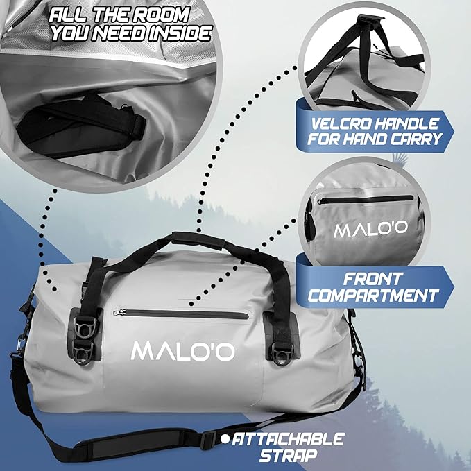Malo’o Waterproof Dry Duffel, Heavy-Duty Roll Top Waterproof Gear Bag with Shoulder Strap & Molle Loops, Marine Duffel for Kayaking, Boating, Camping, Beach & Travel, Grey, 40L