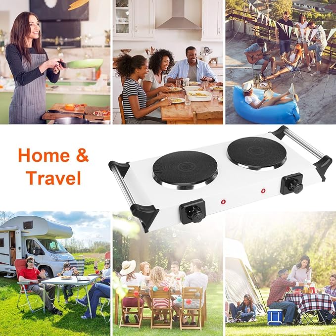 Hot Plate, 2000W Portable Electric Double Burner W/5 Level Temperature Control & Stay Cool Handles, Easy to Clean, Lightweight Cast Iron Electric Stove for Kitchen Camping Cooking, 110V