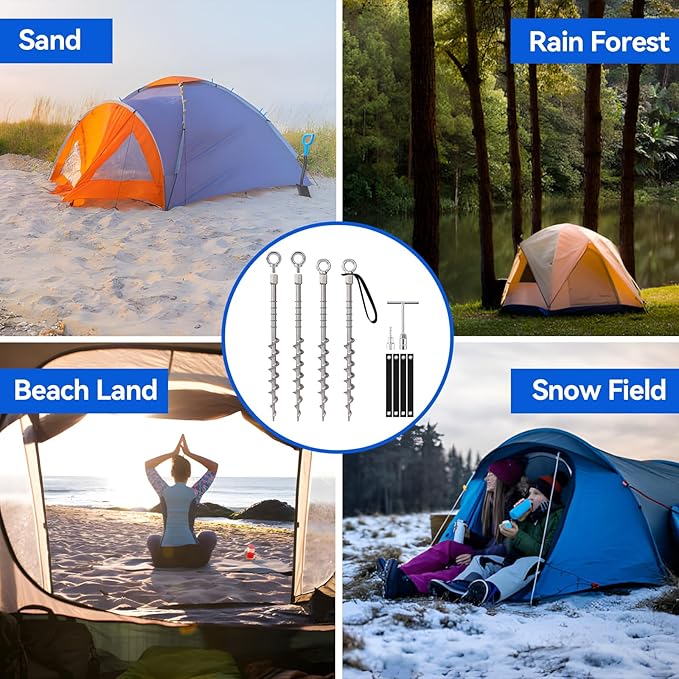 4 PCS Screw in Tent Stakes for Women Men Ground Anchors for Sand, Trampolines, Camping - Aluminium Heavy Duty Rust Prevention Pegs Spikes Drillable Threaded Anchor Stake - Silvery 14 inch