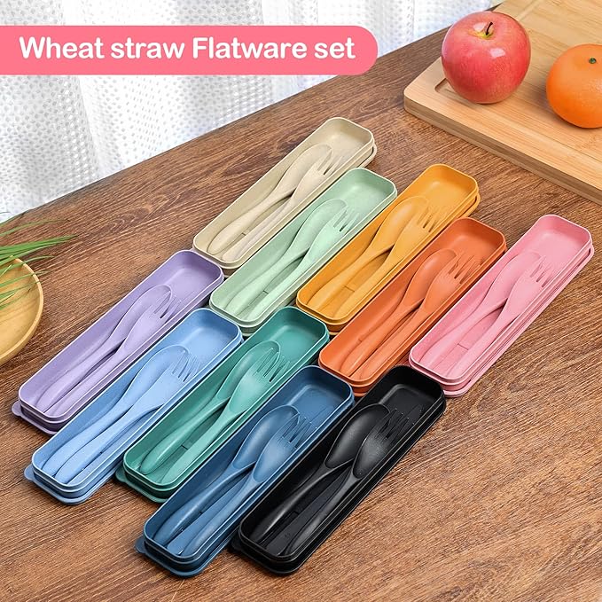 Reusable Travel Utensils Set with Case, 5 Sets Wheat Straw Portable Plastic Fork Spoons Knife Camping Cutlery, Eco-Friendly BPA Free Lunch Tableware for Kids Adults Travel Picnic Utensils