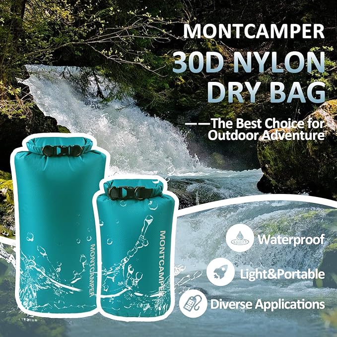 2-pack 30D Nylon Waterproof Dry Bag-Portable Storage Sack for Kayaking, Hiking and Rafting-Roll Top Closure-Float on Water(5L/20L,Turquoise blue)