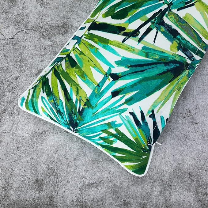 Magpie Fabrics Set of 2 Lumbar Throw Pillow with Insert 12x20 Inch, Outdoor Rectangular Waterproof Home Decorative Toss Cushion for Patio Garden Car Office - Green Palm Leaves