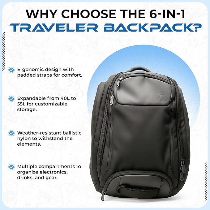 6-in-1 Traveler Backpack – Convertible Carry-On Travel Bag, Expandable 40–55L Storage, Ergonomic Design with Drink Holders & Padded Laptop Pocket, Weather-Resistant Ballistic Nylon, Black
