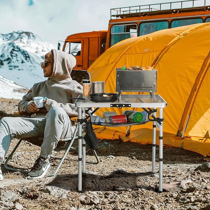 REDCAMP Small Folding Grill Table for Outside, 2Ft Lightweight 4 Height Adjustable Portable Metal Table with Mesh Desktop, Outdoor Table for Camping Picnic Beach and BBQ, Silver