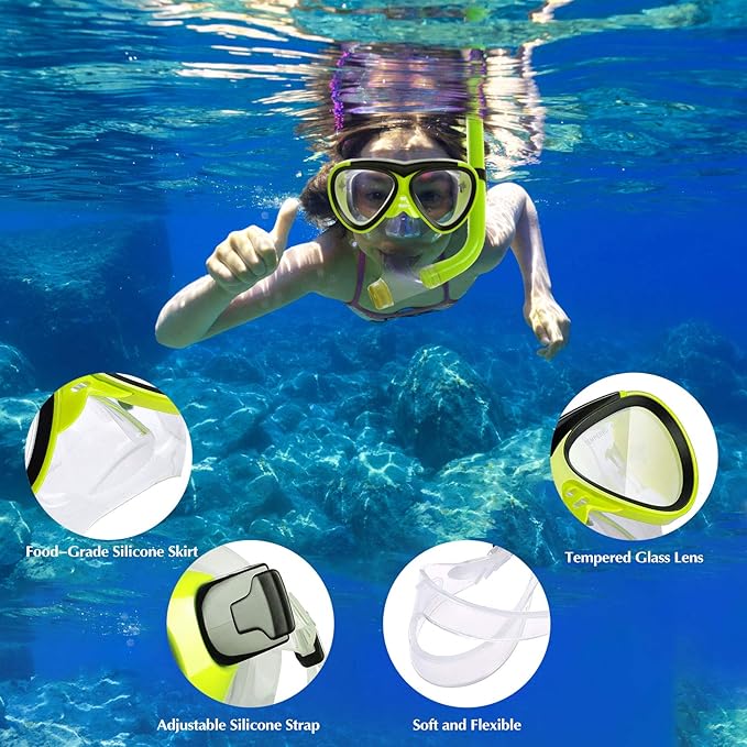 GreenLF Kids Snorkel Set, Anti-Fog Snorkeling Mask with Nose Covers for Youth Junior Child, Boys & Girls Age 5-12, Semi-Dry Diving Scuba Swimming Goggles Gear Packages