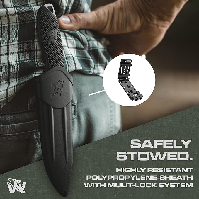 WOLF-II Full Tang Survival Knife - Strong Tactical Fixed Blade - D2 Steel - Bushcraft, Camping & EDC Outdoor Knife with TPE Handle and Multi Lok Sheath