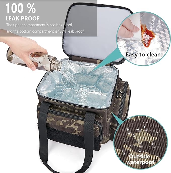 Tactical Lunch Box for Men, Insulated Bag Adult, Thermal Lunchbox Leakproof Waterproof Cooler Bag, Dual Compartment Tote, Large Pail Work Office Camping Travel(Black Camo)