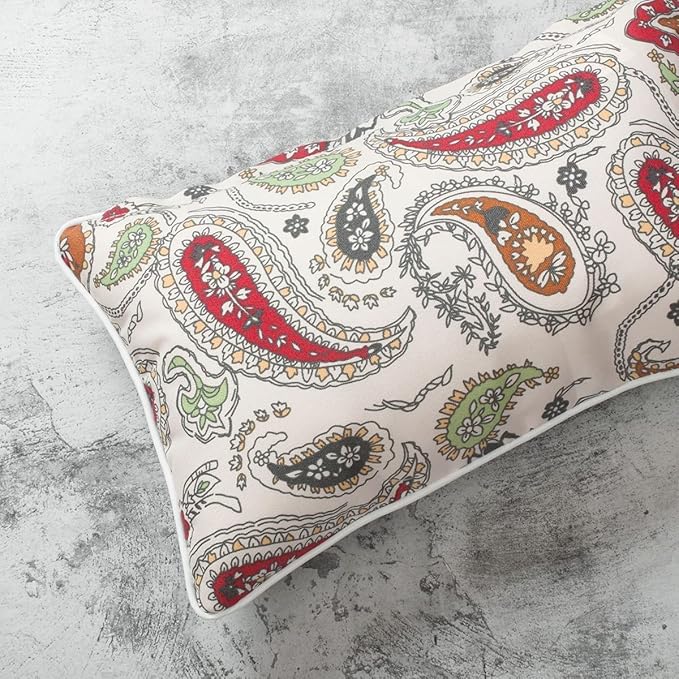 Magpie Fabrics Pack of 2 Outdoor Lumbar Pillow Case Covers 12"x20", Waterproof Rectangular Throw Pillowcase Shell Decorative Sham for Patio Garden Couch - Paisley Red Beige